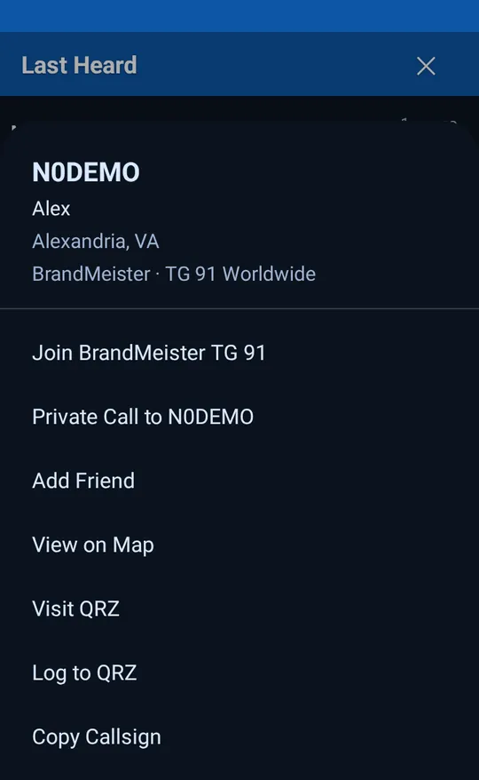 The caller sheet with Join, Private Call, Add Friend, View on Map and logbook actions