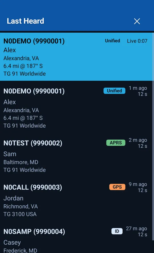 Last Heard with a live call at the top and callers with their city, source chip and call length