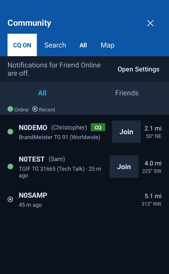 Community: operators online with network, talkgroup, distance, and a Join button