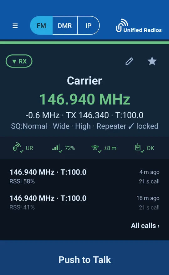 The radio face receiving on FM, with frequency, tone and signal
