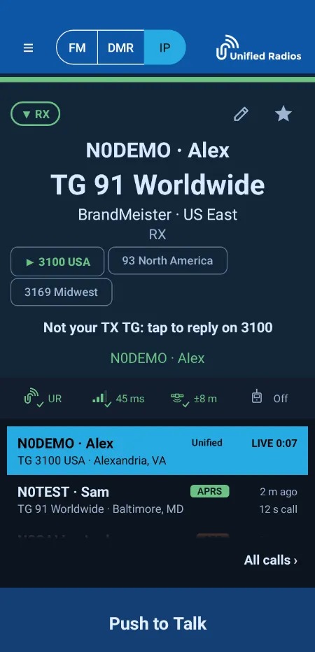 The radio face in IP mode receiving a talkgroup call, with monitored talkgroups