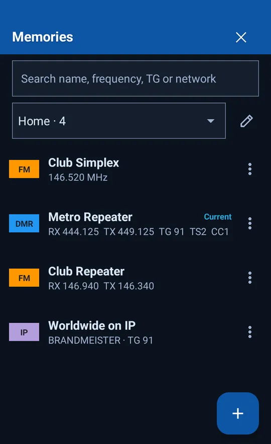 The memories list with FM, DMR and network channels in one zone
