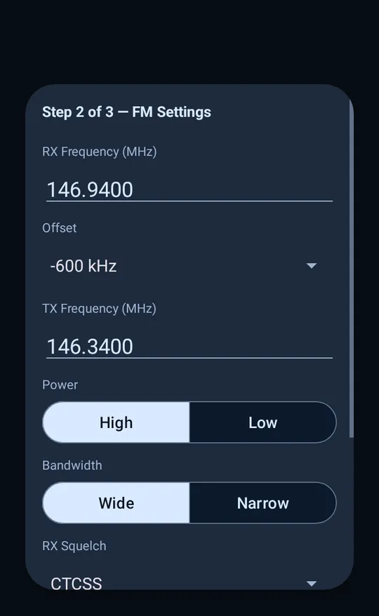 The FM memory editor with frequency, offset, power, bandwidth and squelch
