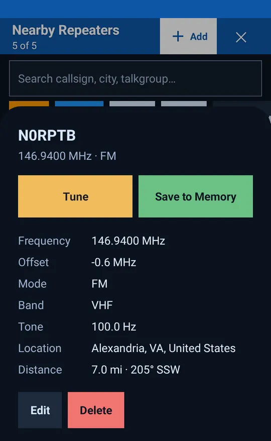 An FM repeater with Tune, Save to Memory, Edit and Delete