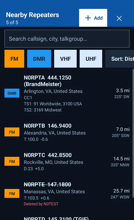 Nearby repeaters with FM, DMR, VHF and UHF filters, a search box and an Add button