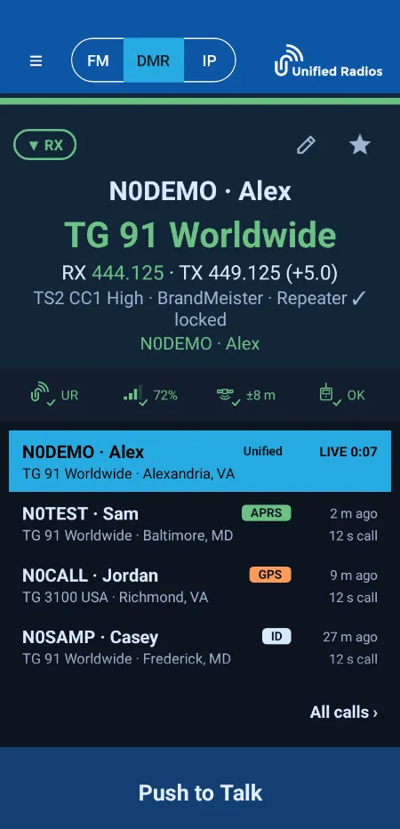 The radio face receiving a DMR call at night, with the caller list