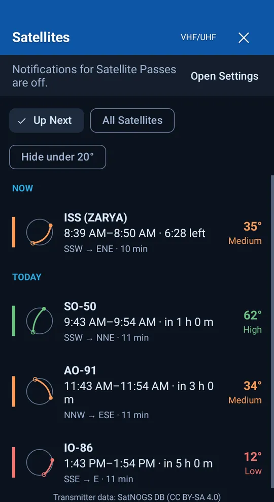Up Next: the next satellite passes with peak elevation and direction