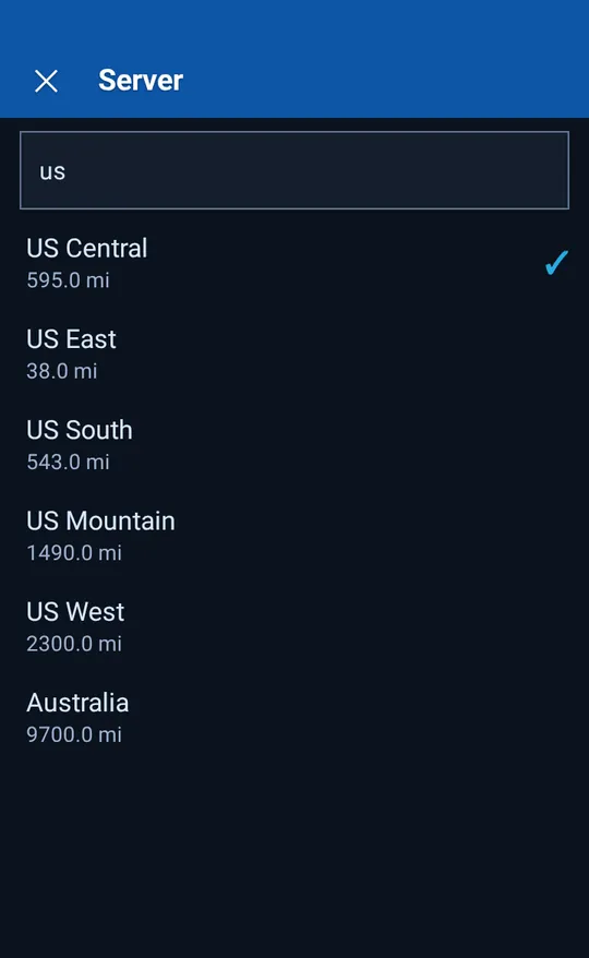 The server list sorted by distance, with a search box