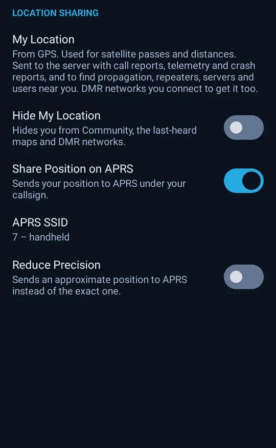 Settings, Location Sharing: Hide My Location, Share Position on APRS and Reduce Precision
