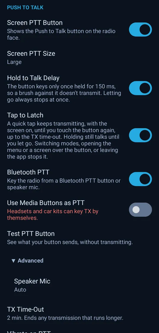 Settings, Push to Talk: screen PTT, tap to latch and Bluetooth PTT